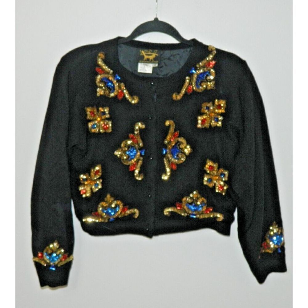 I Did‎ It Sweater Cardigan 1960's Vintage Medium Black Sequins Lambswool Lined
